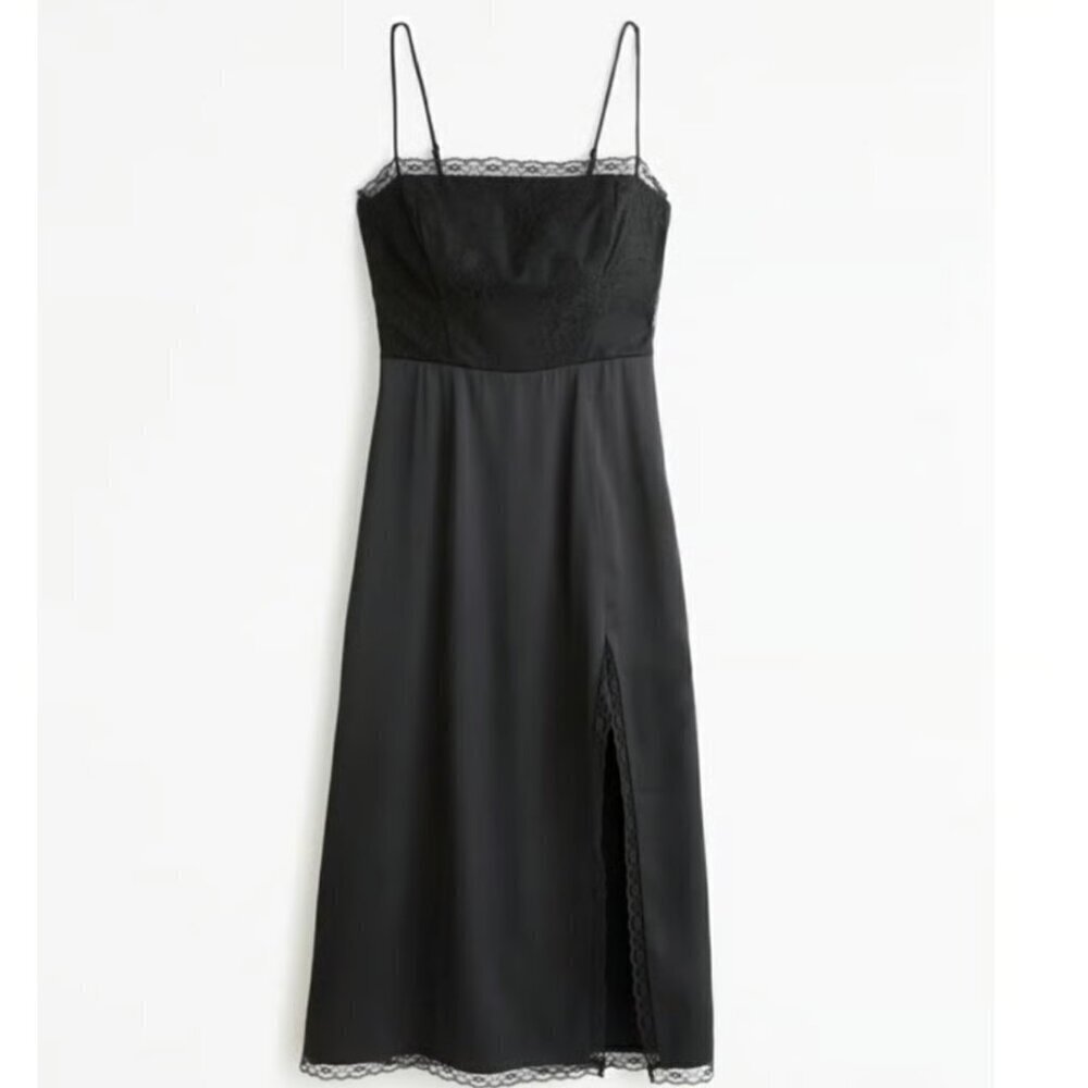 Abercrombie and Fitch Satin High Slit Lace Midi Dress Black Size Large
